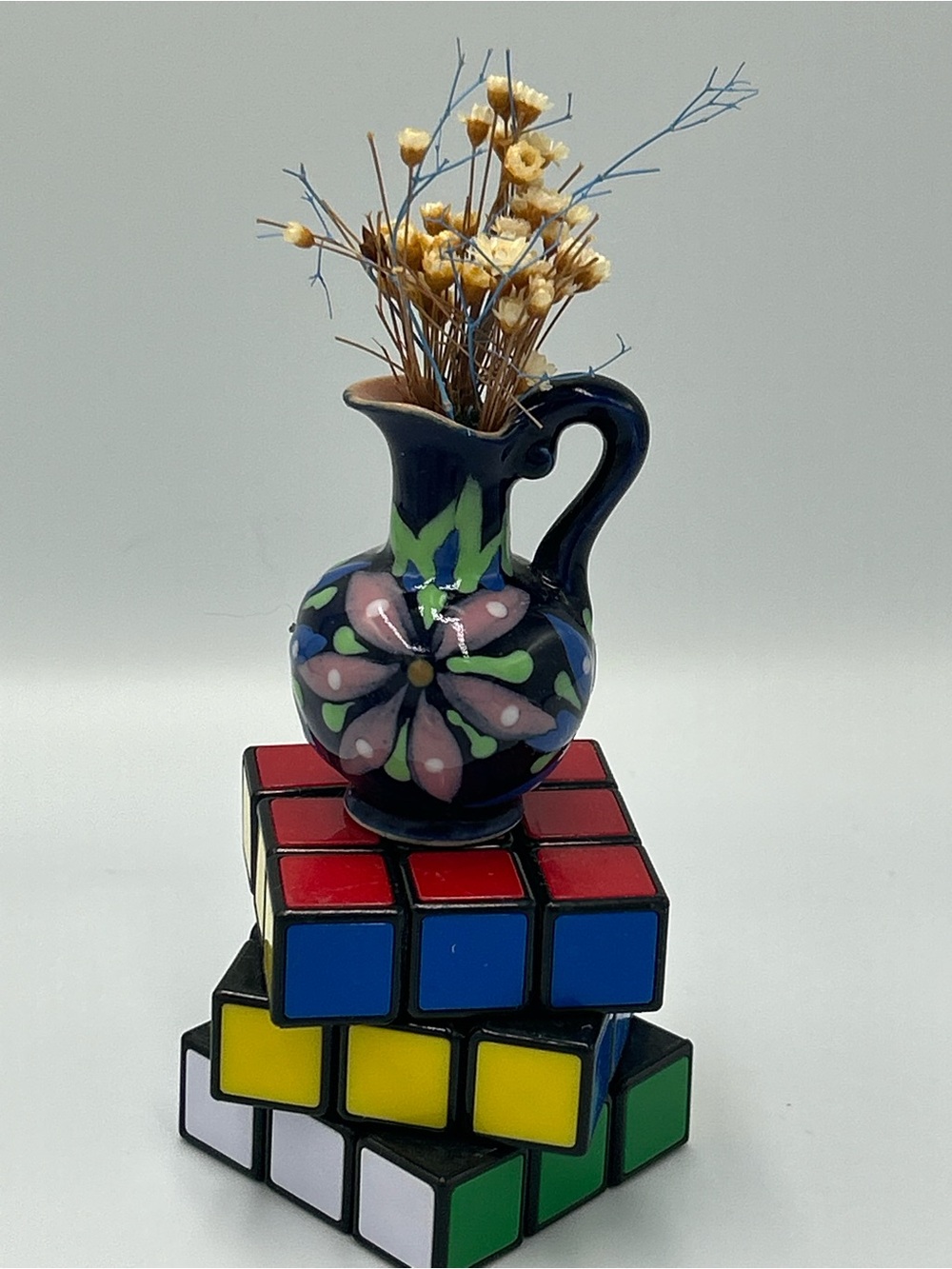 Hand-Painted Floral Mini Pitcher Vase in Navy Blue